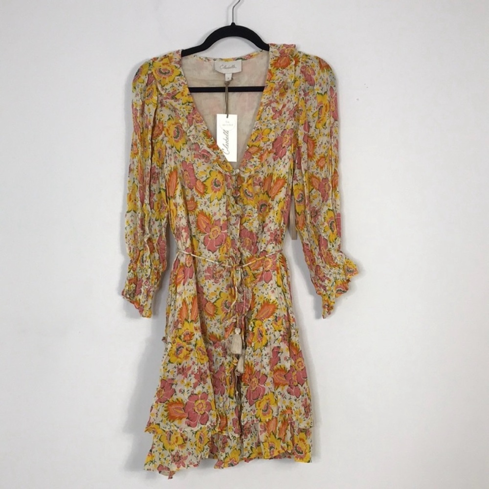 Cleobella Floral Mini Dress, Yellow, Burnt Orange and Cream Print Ruffle Dress